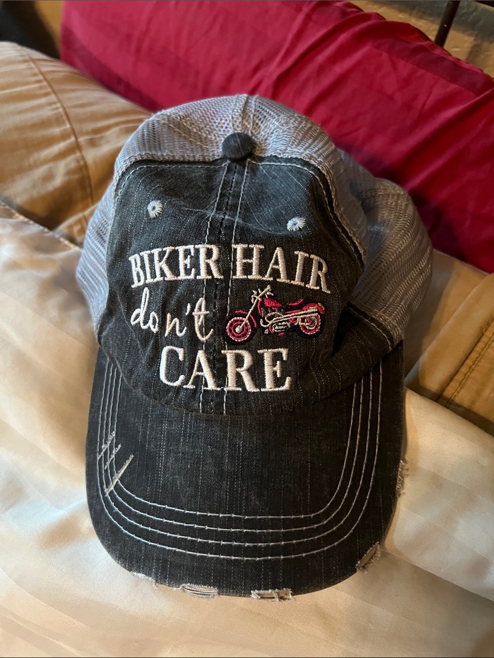 Embroidered 'Biker Hair Don't Care' Trucker Hat - Black with Pink Accent - Picture 3 of 3